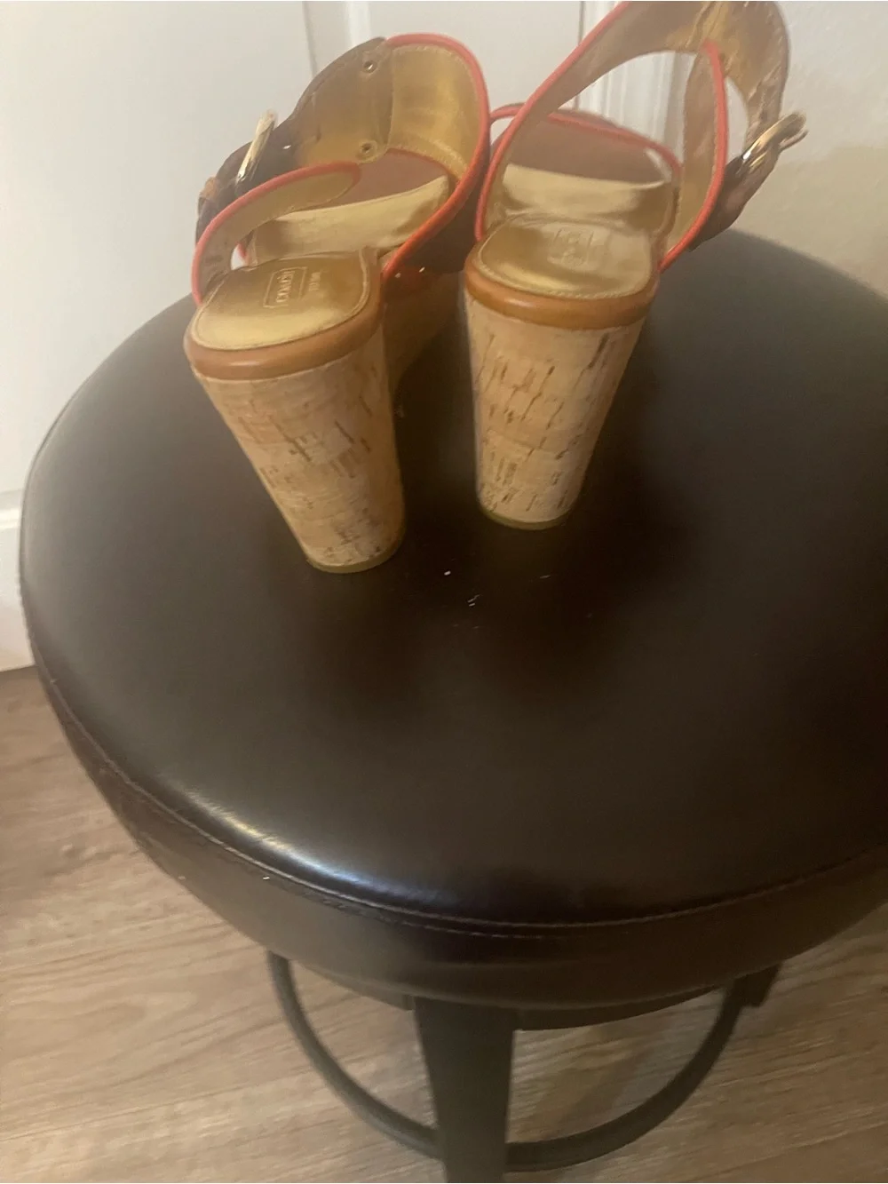 Coach Navy and Tan Wedge Sandals with Red Trim